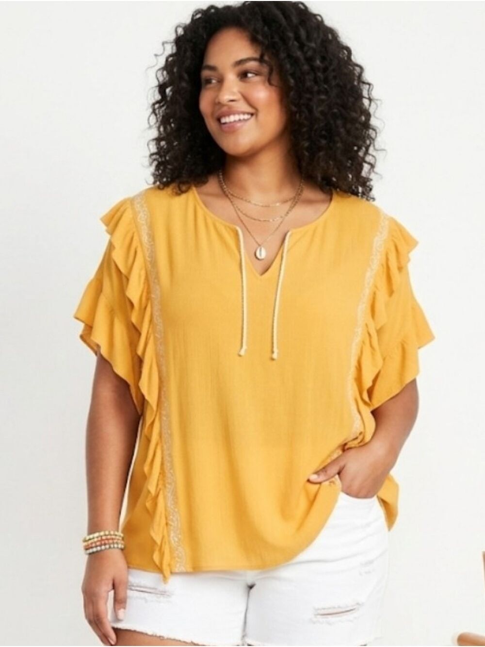 ANA A New Approach Mustard Yellow Ruffle Summer Top XXL Plus Size Bohemian Style